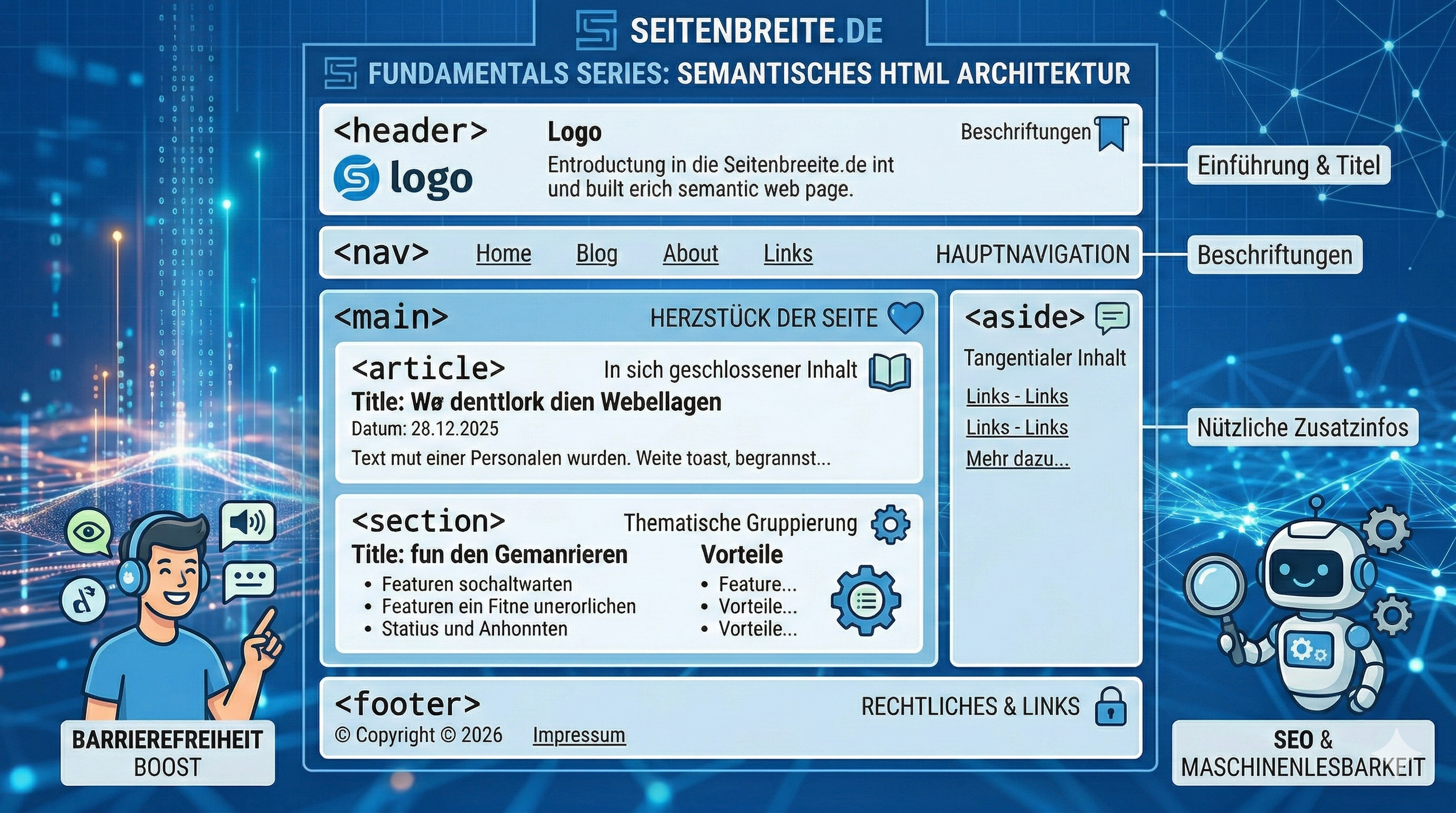 Ein vereinfachtes Diagramm einer modernen Webseite, das die semantischen HTML-Tags wie Header, Nav, Main, Article, Aside und Footer über dem strukturierten Layout visualisiert.