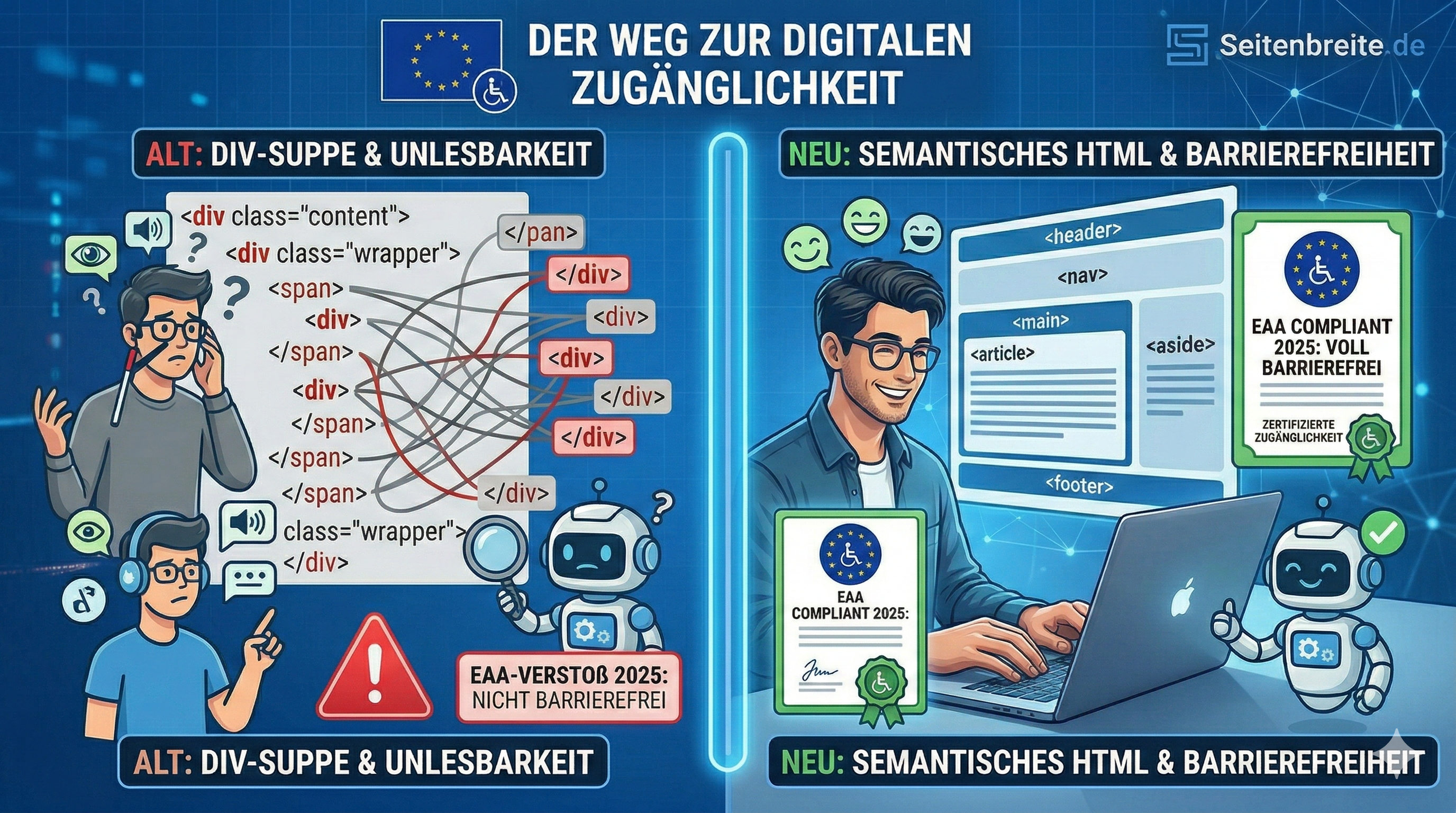 Ein Bild, das den Unterschied zwischen einer unstrukturierten Div-Suppe-Webseite und einer semantisch strukturierten Webseite zeigt.